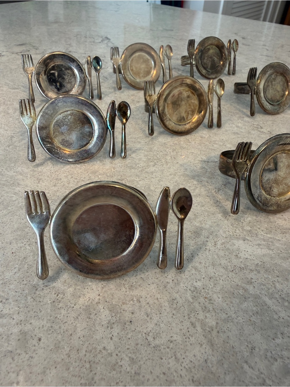 Vintage Silver Plated Figural Napkin Rings Set of 9 Miniature Place Setting